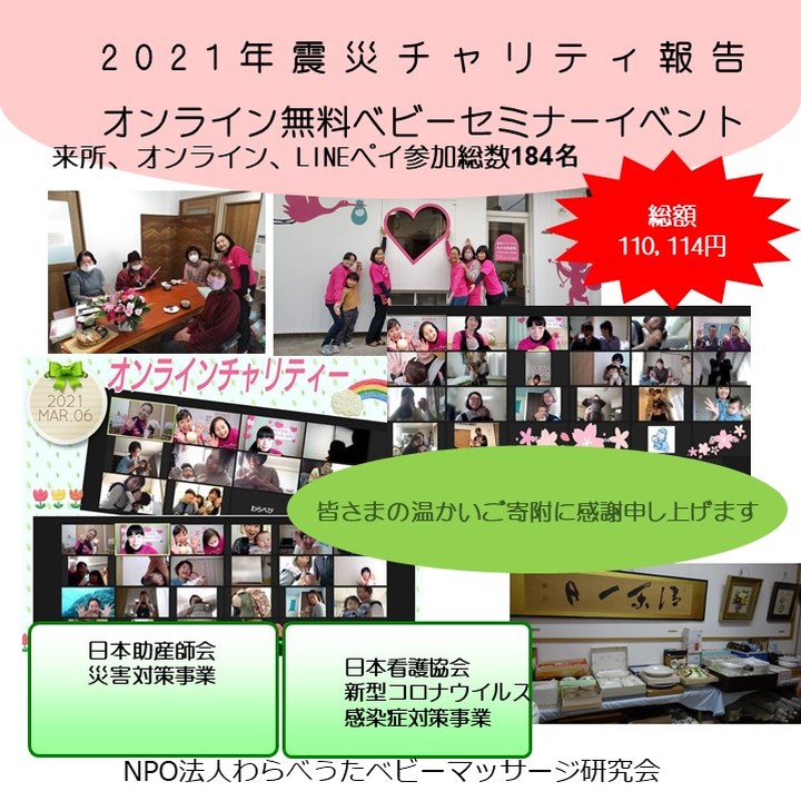 【3月6日7日震災チャリティおわりました】沢山の温かいご協力ありがとうございます合計金額　110,114円を日本助産師会と日本看護協会へ寄付致します詳細はこちらですhttp://www.jyosansi.com/2021-10/(Instagram)
